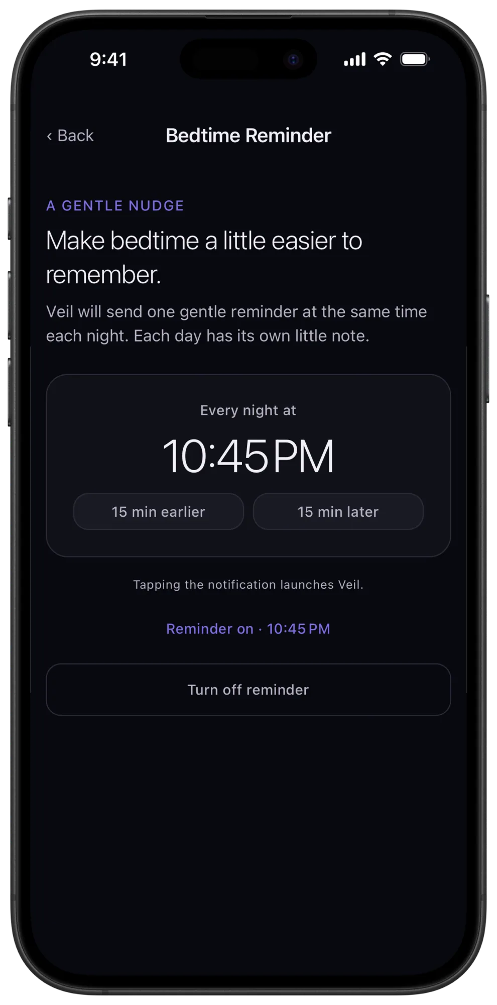 Veil bedtime reminder settings with time selection