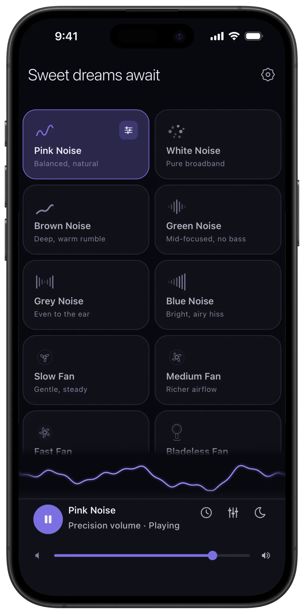Veil home screen with pink noise playing