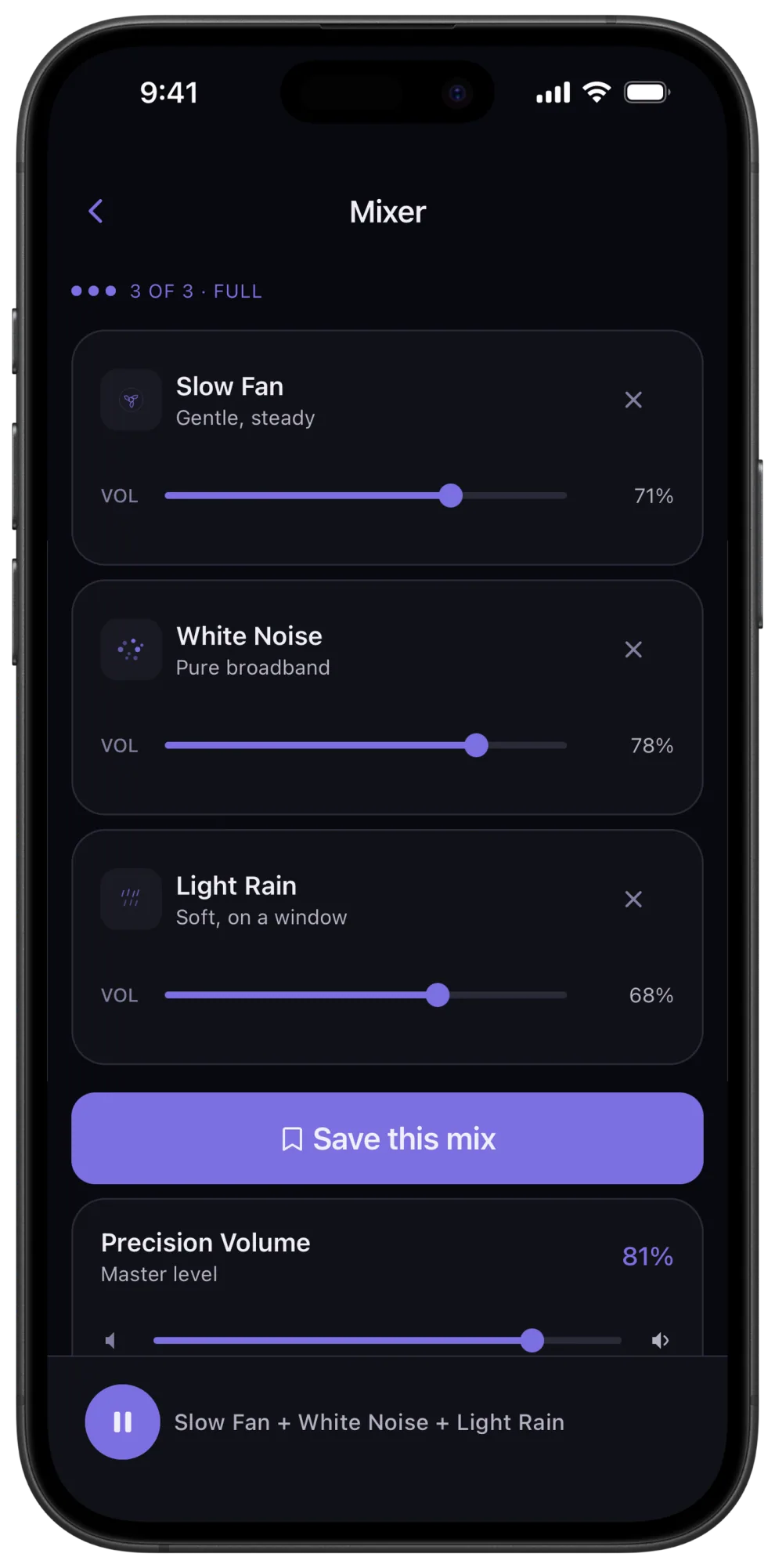 Veil sound mixer with three independent sound volumes