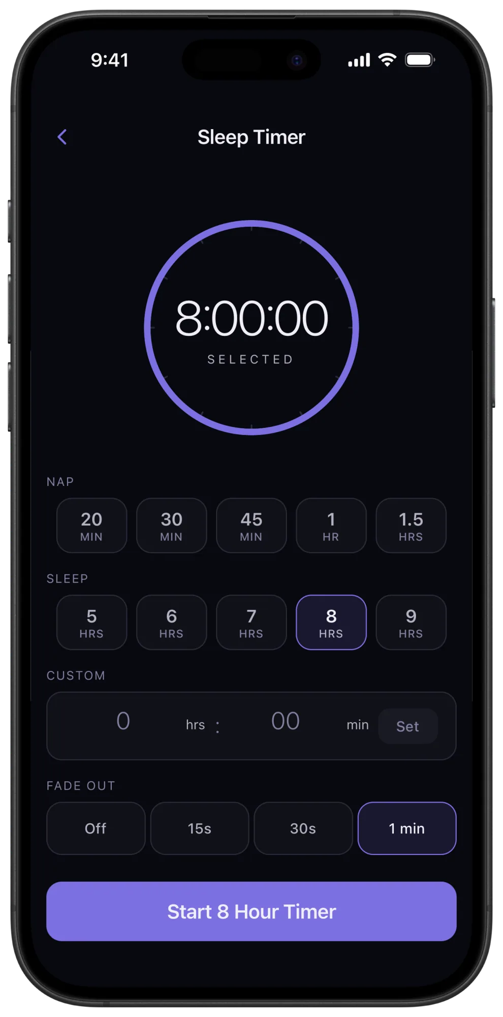 Veil sleep timer with fade-out controls
