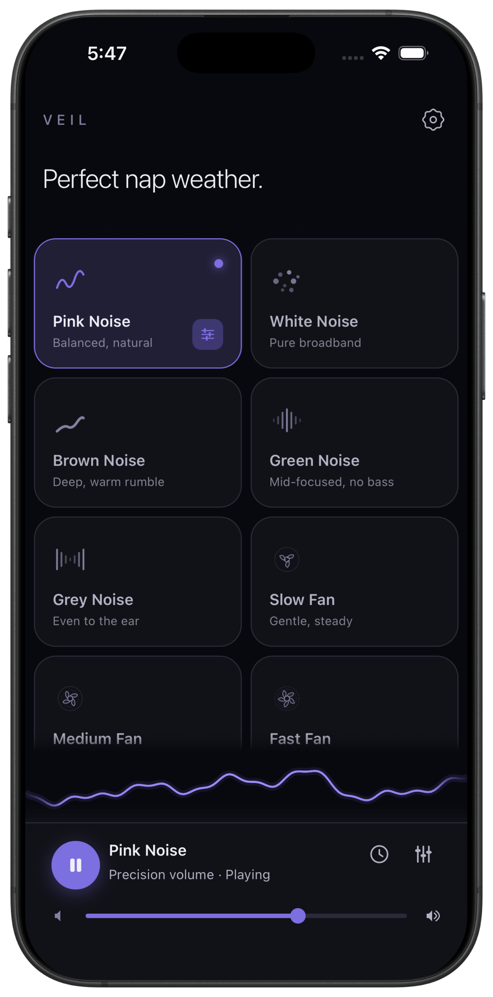 Veil white noise sleep app home screen