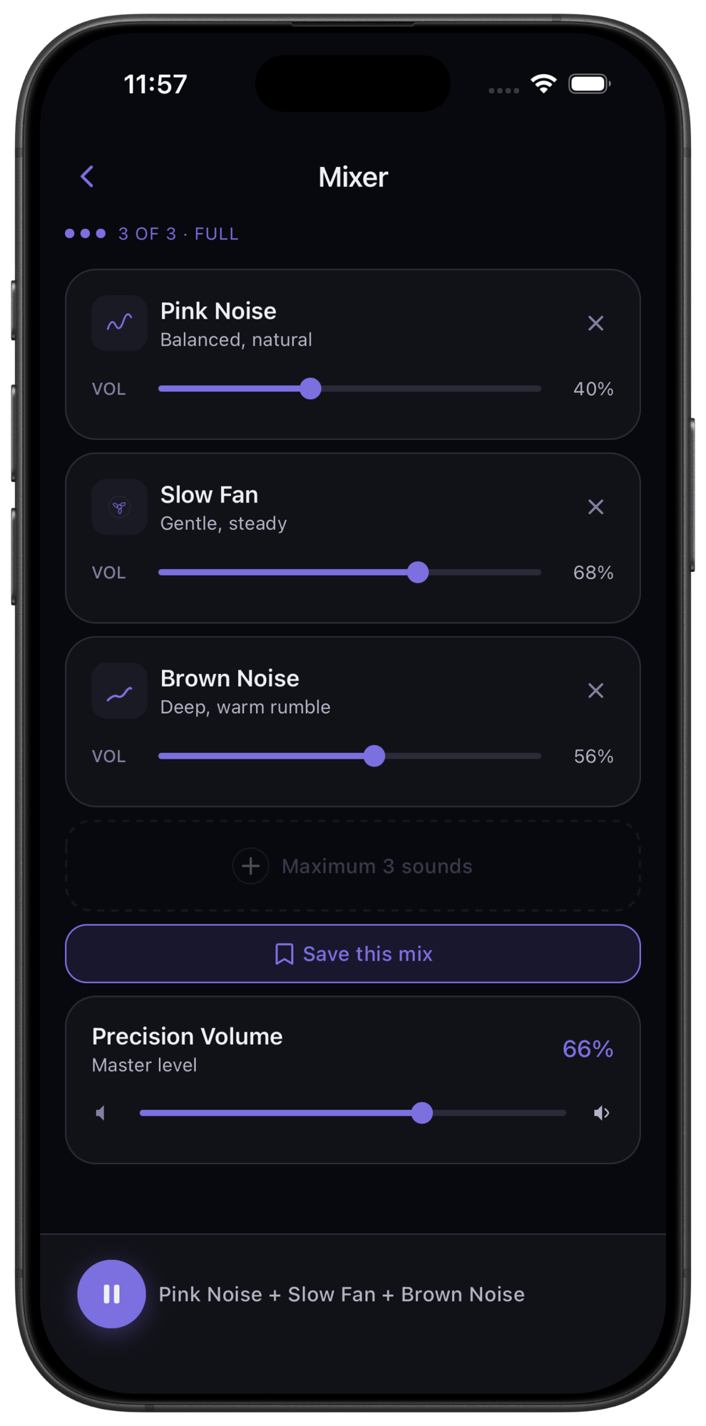 Veil sleep sounds mixer with volume controls
