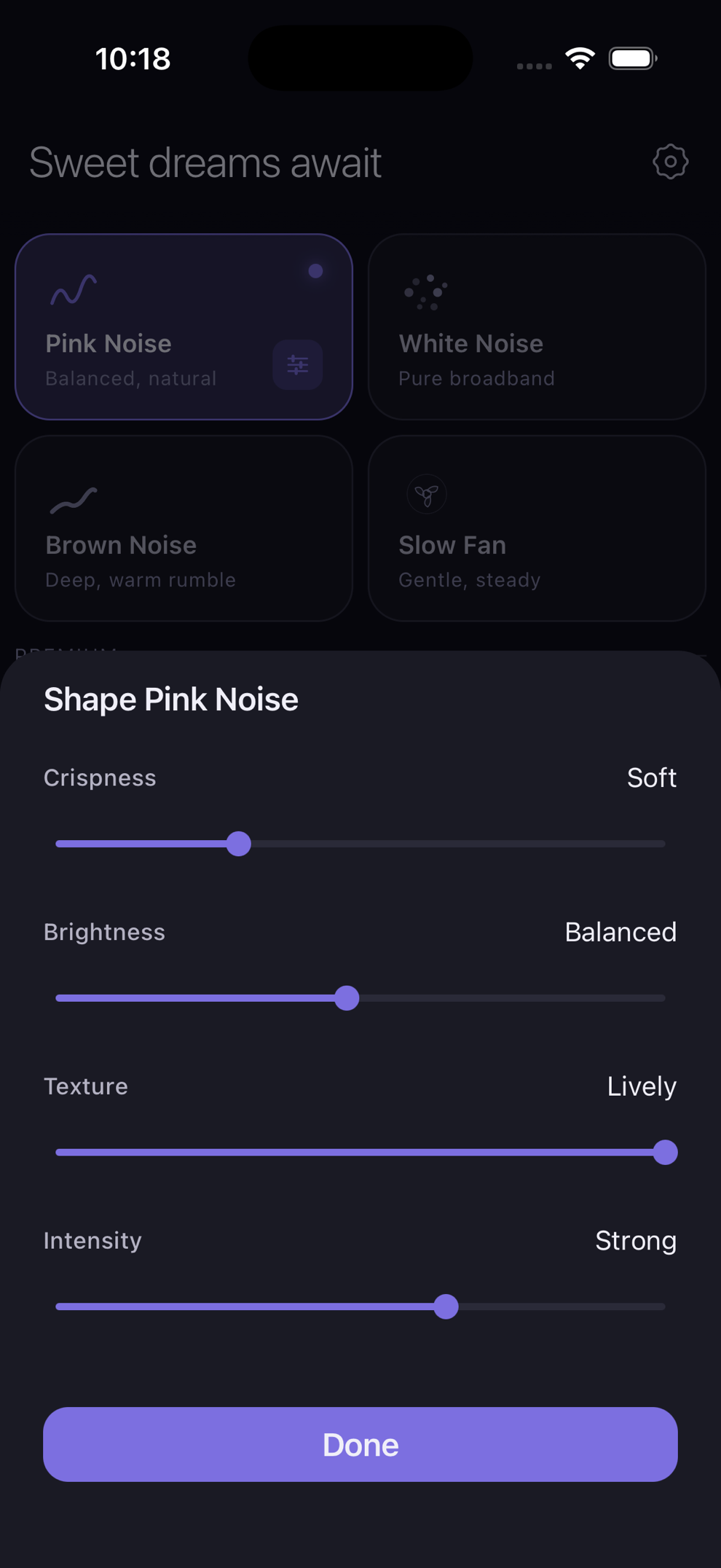 Veil sound shaping controls for Pink Noise, including crispness, brightness, texture and intensity